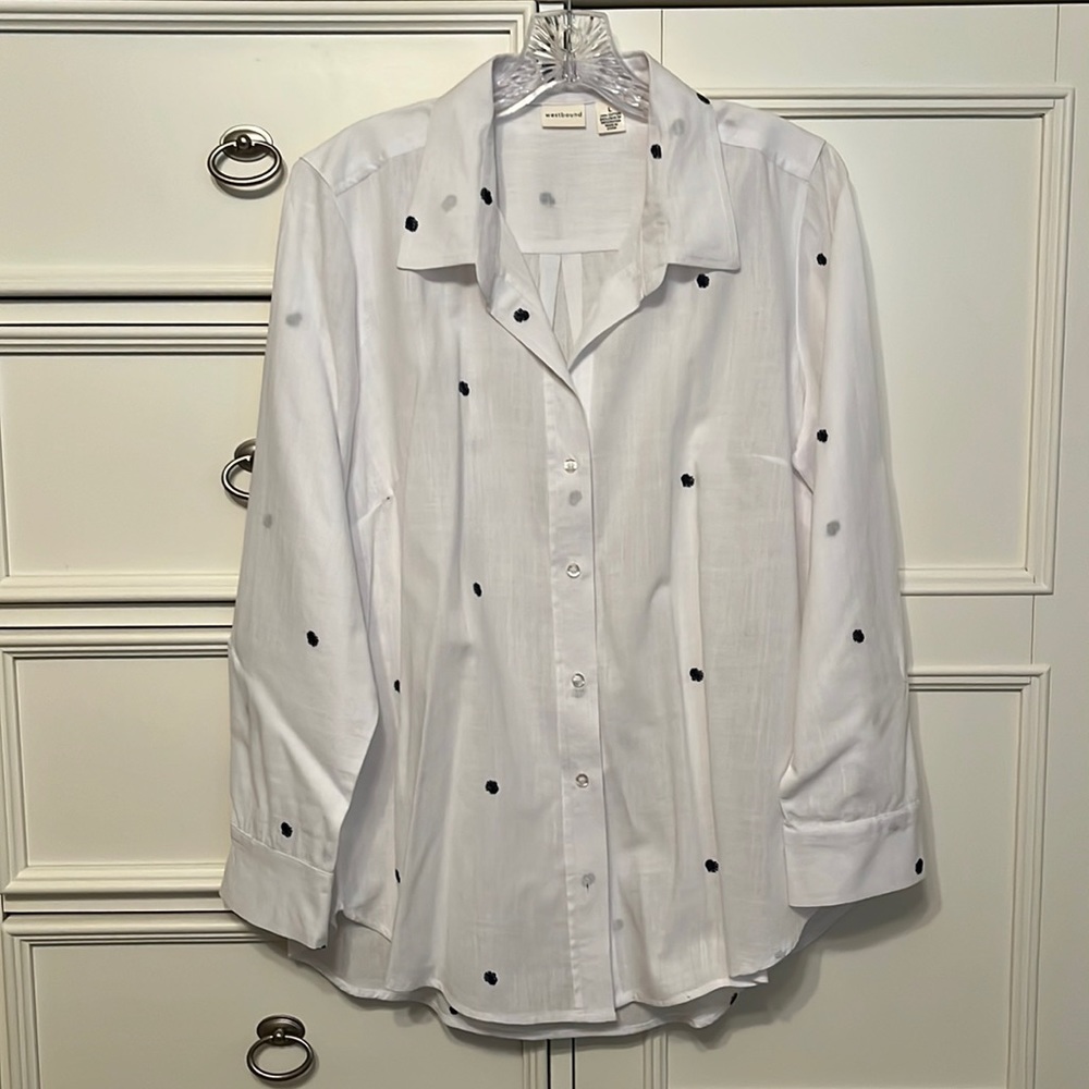 Long sleeve white with navy cotton blouse